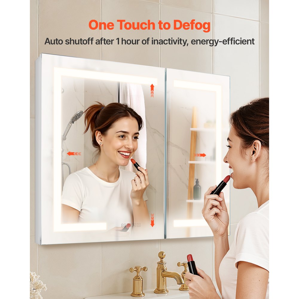 Clear LED Lighted Bathroom Mirror Cabinet with Anti-Fog, Dimmable and Shelves