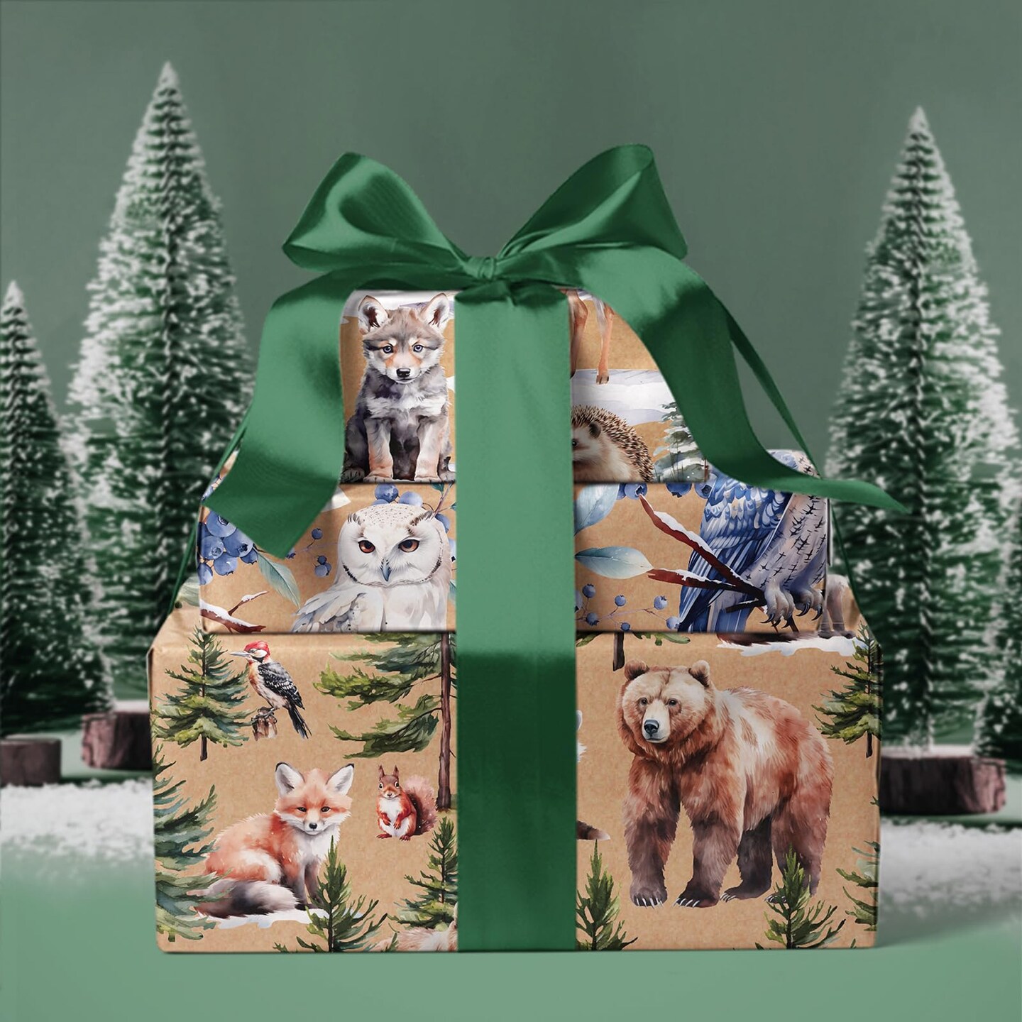 Kraft Christmas Wrapping Paper Roll - Mini Roll - 3 Rolls - 17 Inch x 120 Inch Per Roll - Wild Animals Winterfall Watercolor Holiday Collection