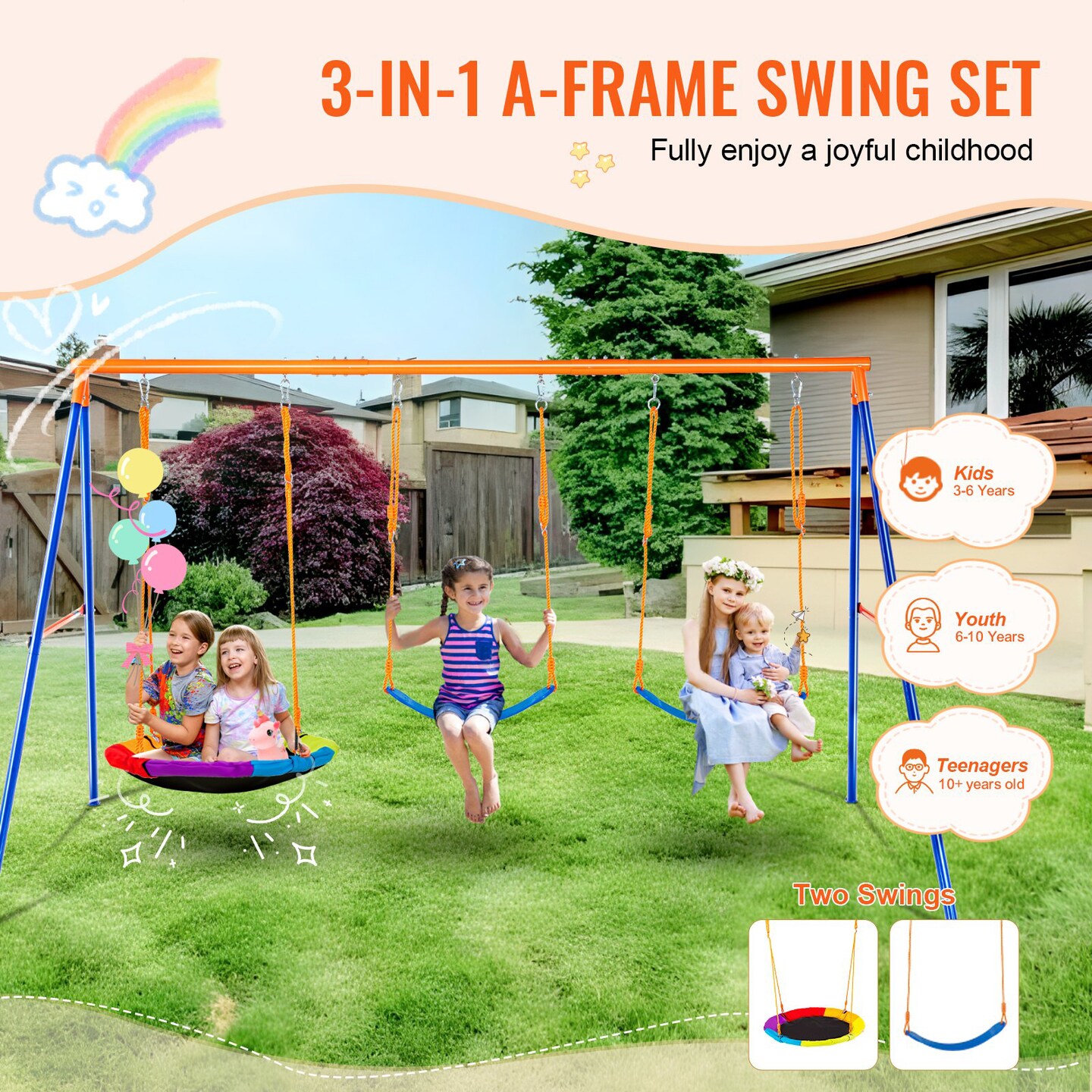 Outdoor Swing Set Metal A Frame with Saucer Seat and Belt Seats for Kids