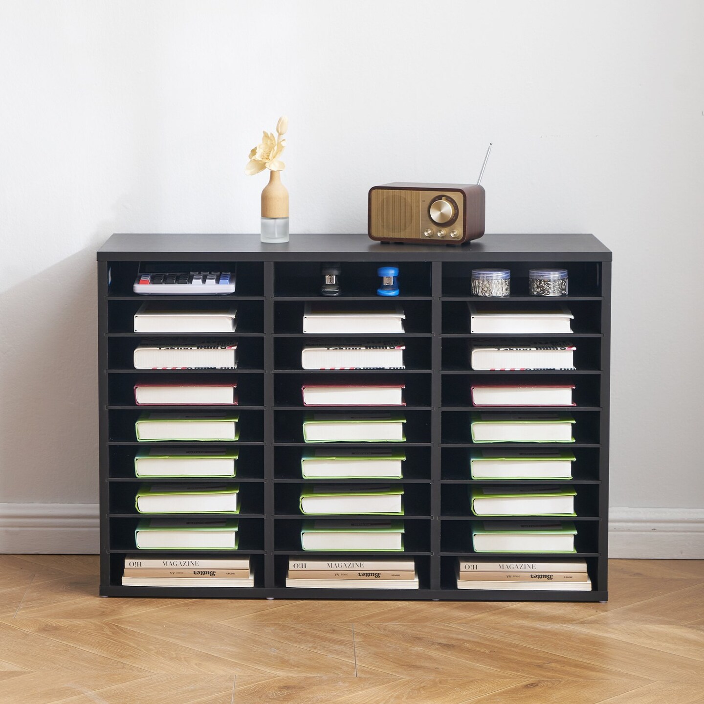 Wood Literature Organizer File Sorter with Removable Shelves Mailbox Slots for Office