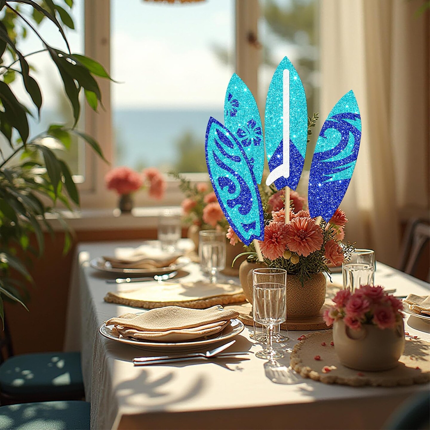 18pcs Glitter Surfboard Theme Centerpiece Sticks Summer Surfing Party Decorations Summer Beach Surf Party Table Centerpiece for Surfer Birthday Hawaii Surfing Party Supplies