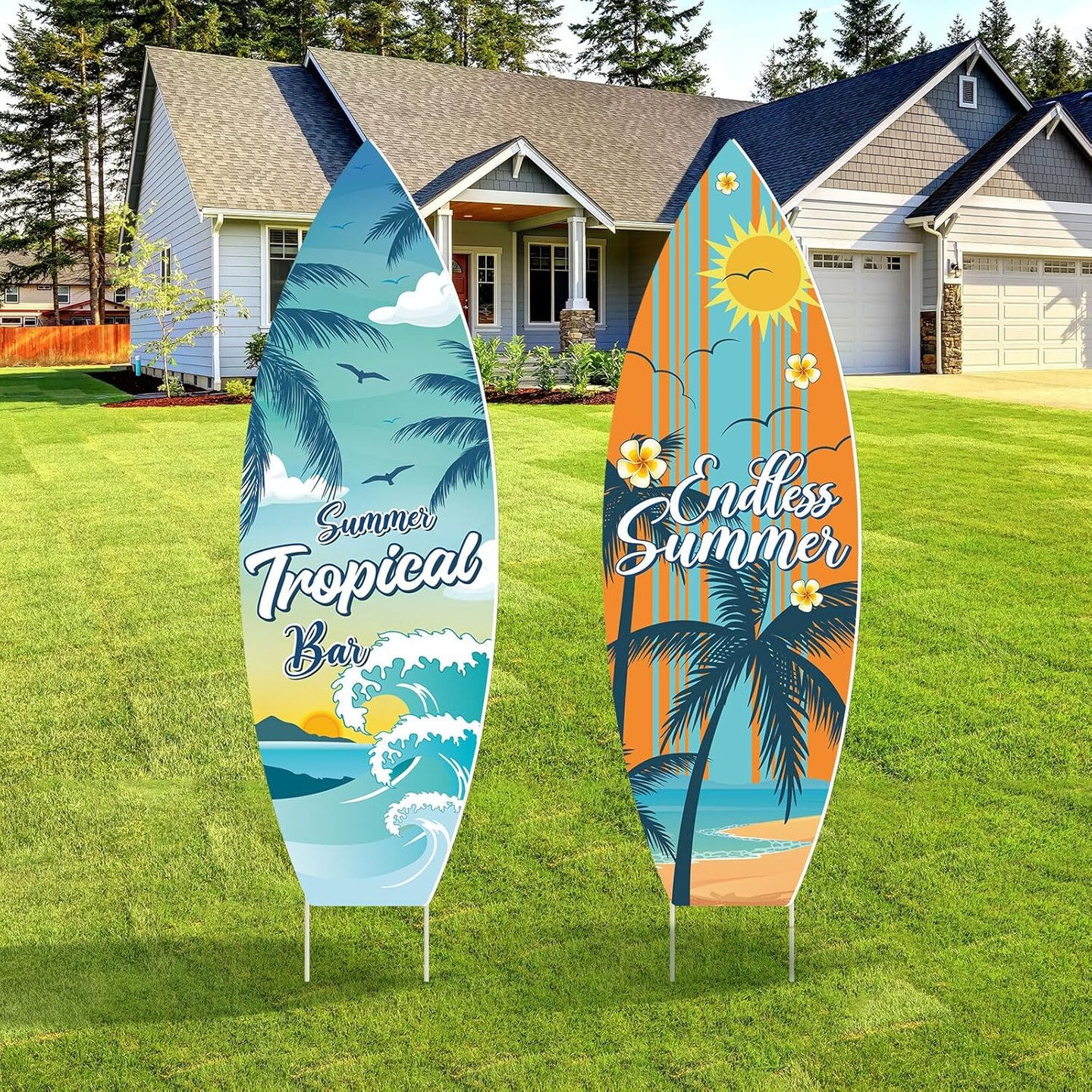 2 Pcs Summer Surfboard Yard Signs with Stakes 29.5 Inch Large