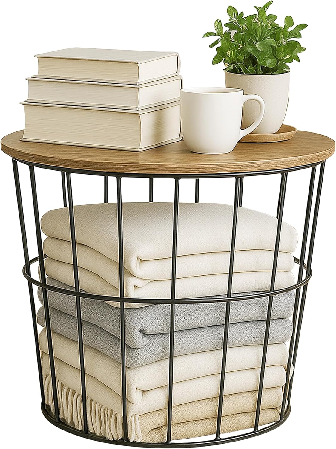 IRIS USA Round Wire Basket with Wooden Lid, 2 Pack, Potato Onion Vegetable Storage, Nestable Storage Bins, Water Resistant Surface