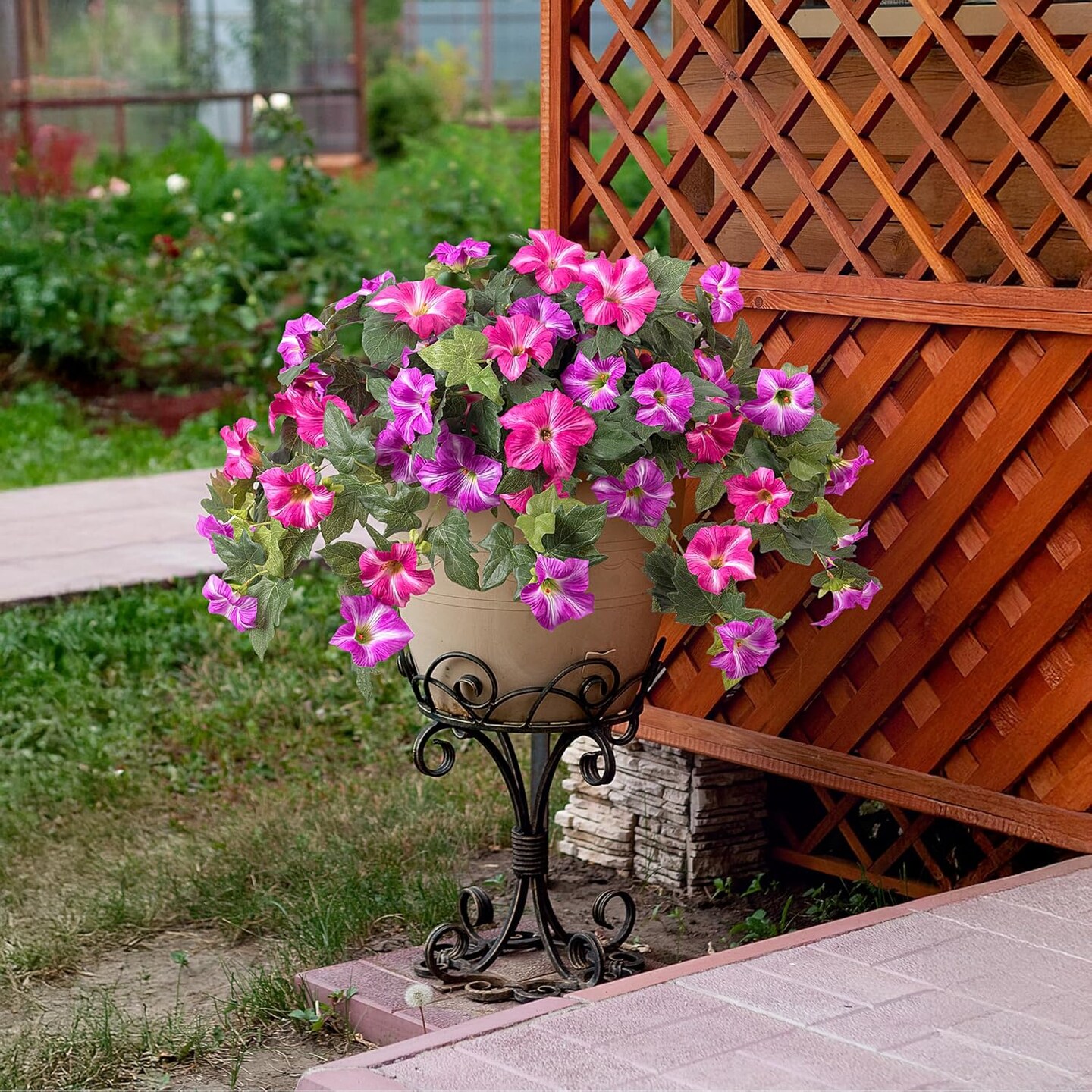 Artificial Fake Flowers Plants for Outdoor Decoration, 2PCS Spring Faux Petunias Silk Flower UV Resistant No Fade Floral