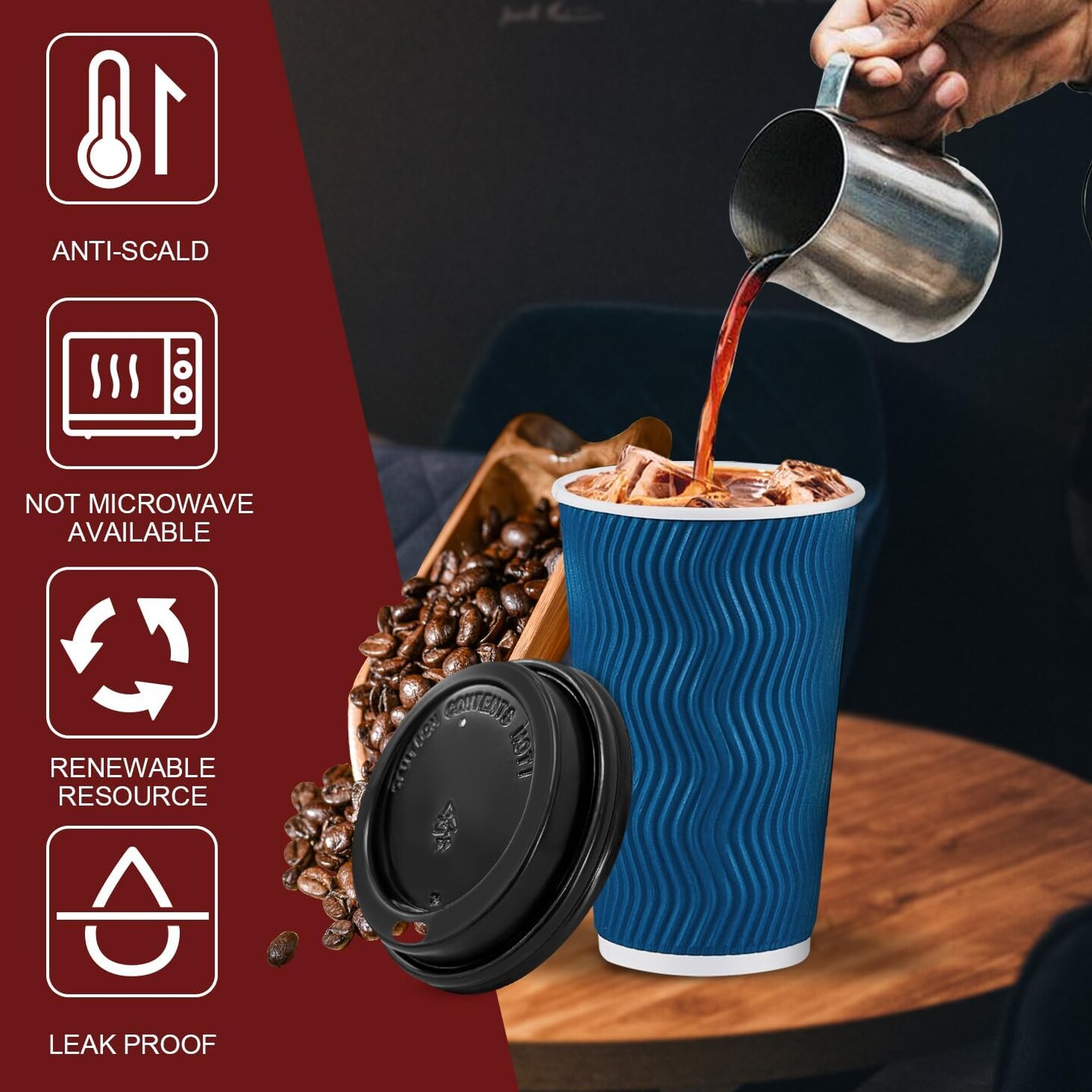 Disposable Coffee Cups with Lids 16 OZ 50 Pack, Insulated To Go Coffee Cups with Lids, Corrugated Ripple Wall Paper Coffee Cup with Lid for Hot Beverages (Blue)