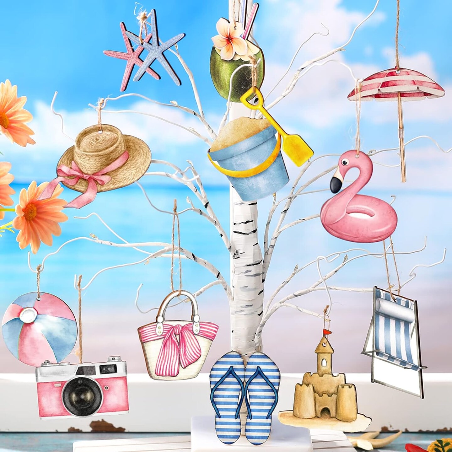 36 Pcs Ocean Beach Wooden Ornaments Summer Tree Decorations Coastal Nautical Seaside Wood Cutouts Navigation Hanging Ornaments Summer Decorations for Home Small Tree Crafts(Beach)