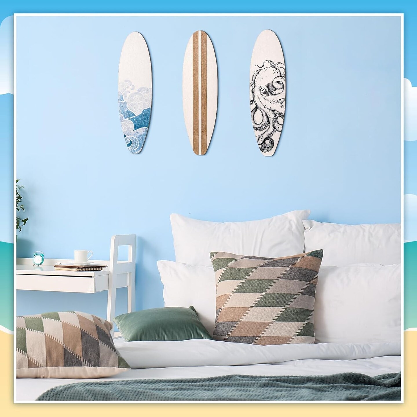 3 Pieces Surfboard Wooden Beach Decor for Bedroom Surfboard Wall Decor Summer Wood Wall Hanging Sign for Tropical Bedroom Living Room Decoration (Ocean)