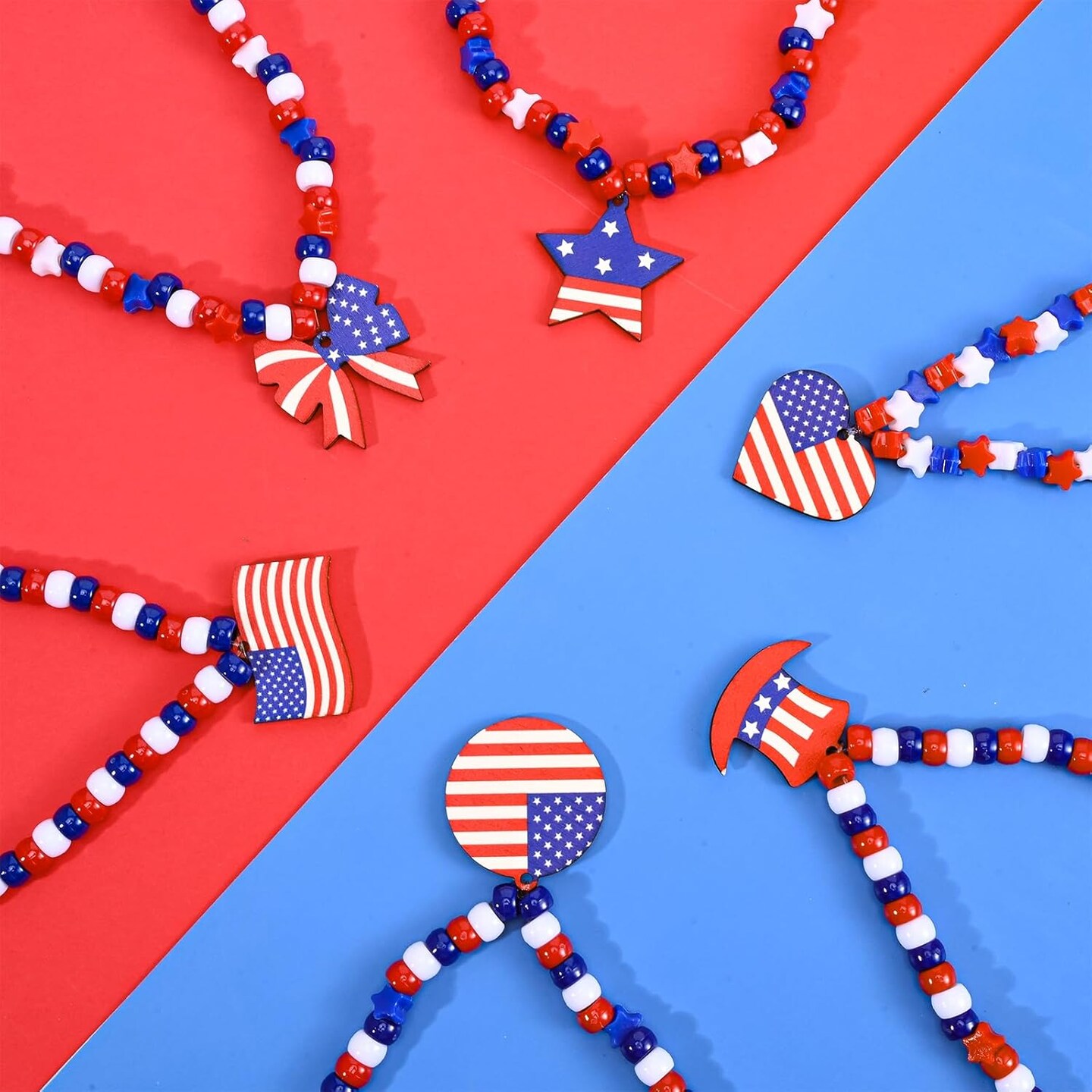 24 Set 4th of July Patriotic Craft Kits Independence Day Necklace Craft with Red White Blue Pony Beads Star Beads Wooden Pendants