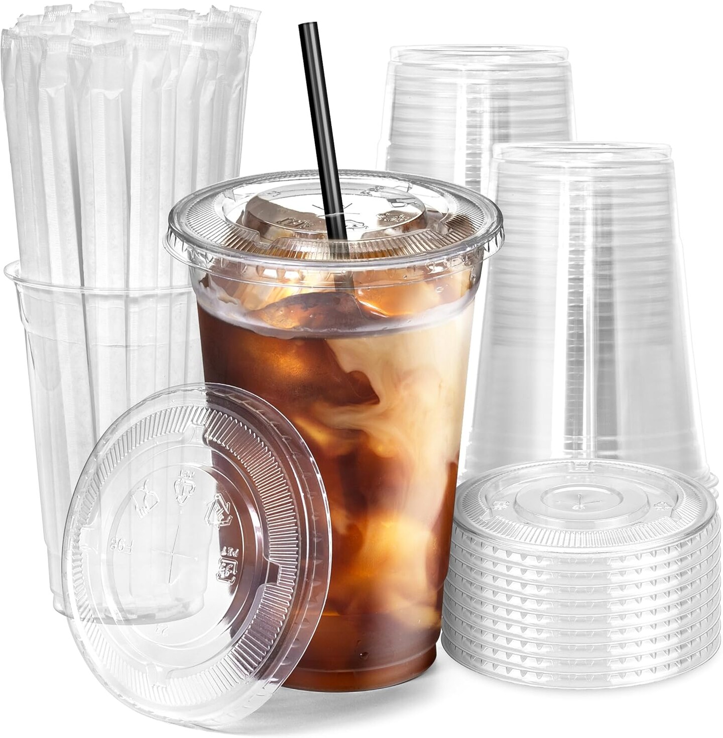100 Pack 20 oz Plastic Iced Coffee Cups with Flat Lids and Black Straws, Disposable Clear Cup, BPA Free Cup for Party, Smoothie, Cold Drinks, Juice, Milkshake, Bubble Boba, Tea