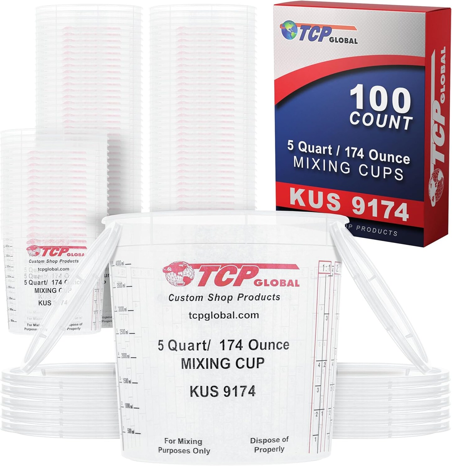 Paint Mixing Cups Plastic Measuring Cup Buckets Epoxy Resin, Disposable or Reusable, 174-Ounce (5-Quart) - Pack of 48 - Graduated, Mixing Ratios, Automotive Painting Art Crafts Kitchen