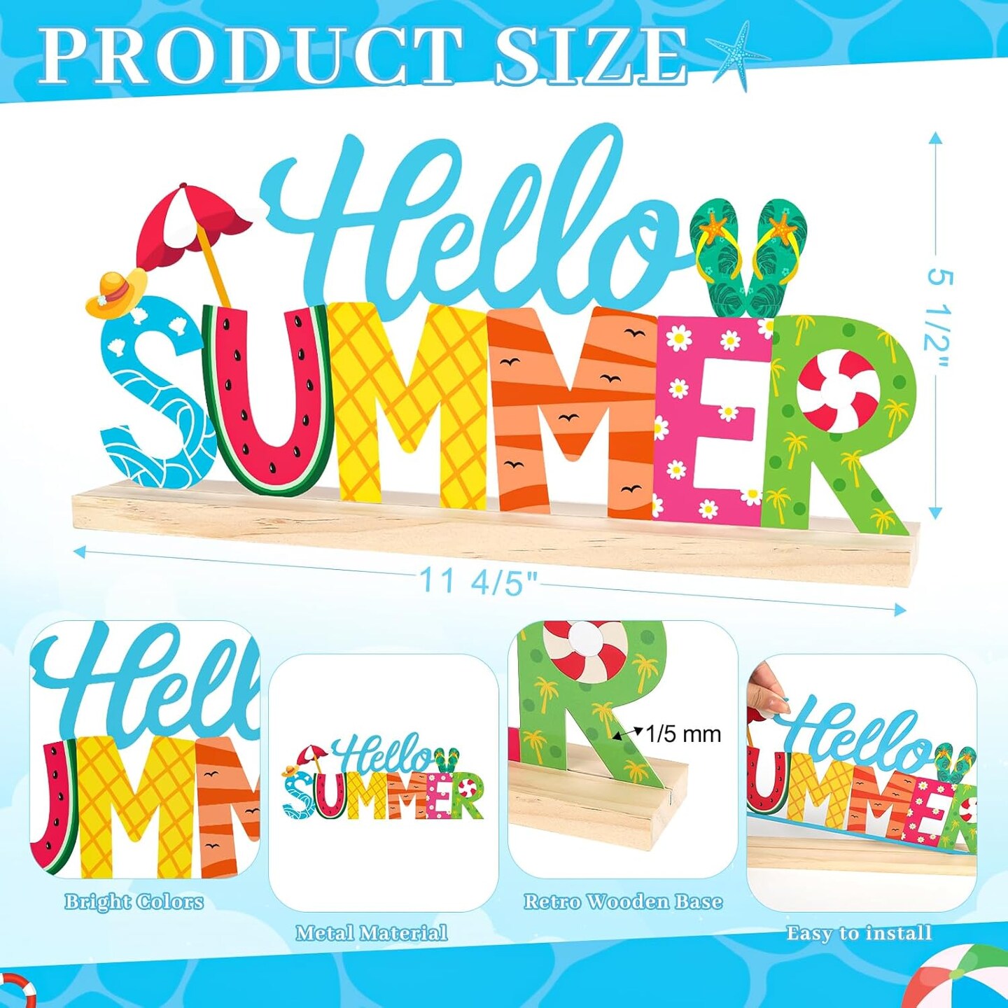 Metal Hello Summer Sign, Summer Decorations for Home, Office, Shelf, Mantel, Indoor, Beach Slippers Tabletop Centerpiece Decoration, Watermelon Red Decor (Beach)