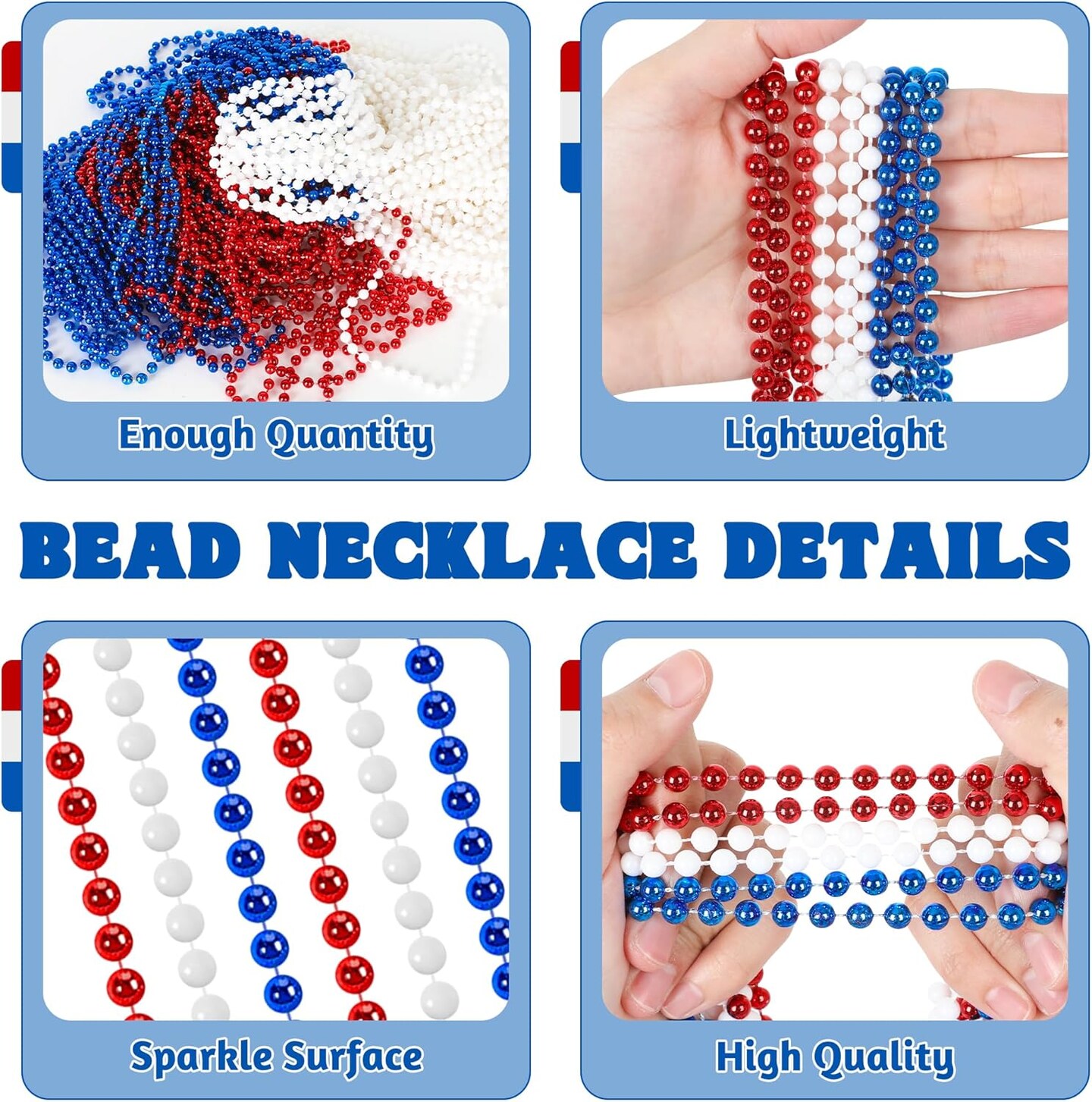 100 PCS 4th of July Beads, 33" Patriotic Beads Necklaces Bulk, Red White Blue Necklace Bulk, Independence Day Party Parade Throw Accessories