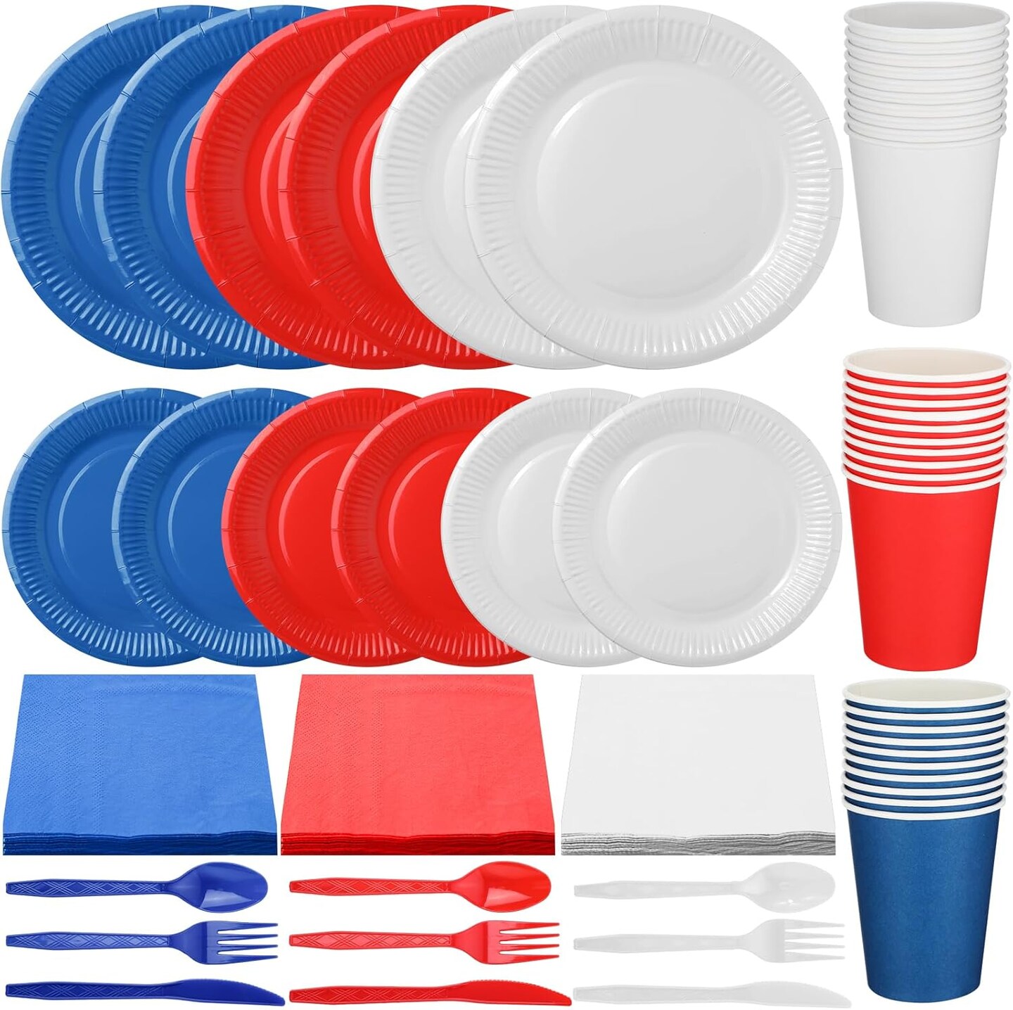 210 Pieces Independence Day Party Supplies Disposable Tableware 4th of July Blue Red White Paper Plates and Napkins Cups Plastic Forks Knives Spoons for Patriotic Party Supplies