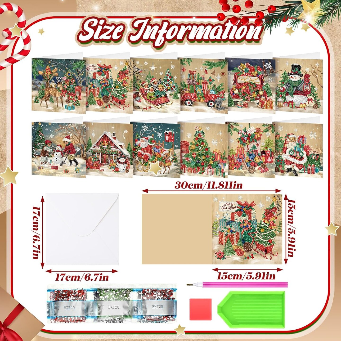 12 Pack Vintage Christmas Diamond Painting Greeting Card Kits – DIY Retro 5D Rhinestone Christmas Cards with Envelopes for Adults, Handmade Xmas Gifts for Family & Friends