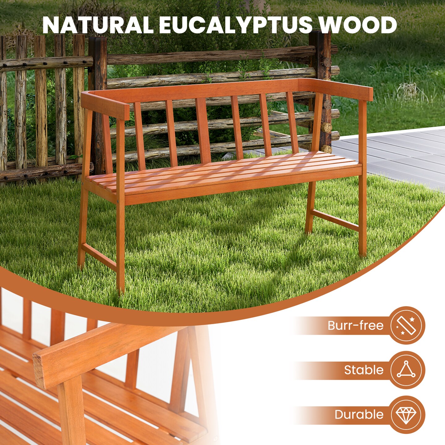 Eucalyptus Wood Outdoor Garden Bench with Backrest and Armrests