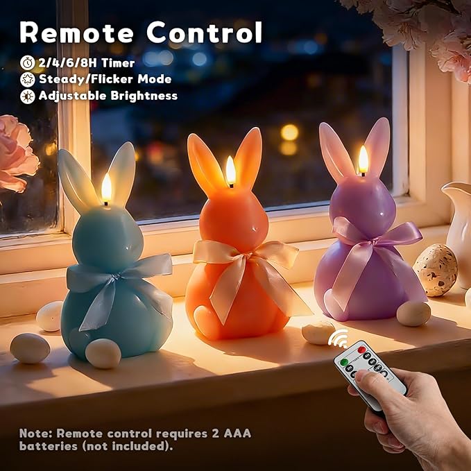 3 Pcs Easter Bunny Flameless Candles, Battery Operated Led Candle Light with Remote, Real Wax Rabbit Shaped Candle Gift Set, 3D Flickering Flame, NO Batteries Included, 7.3"x4"