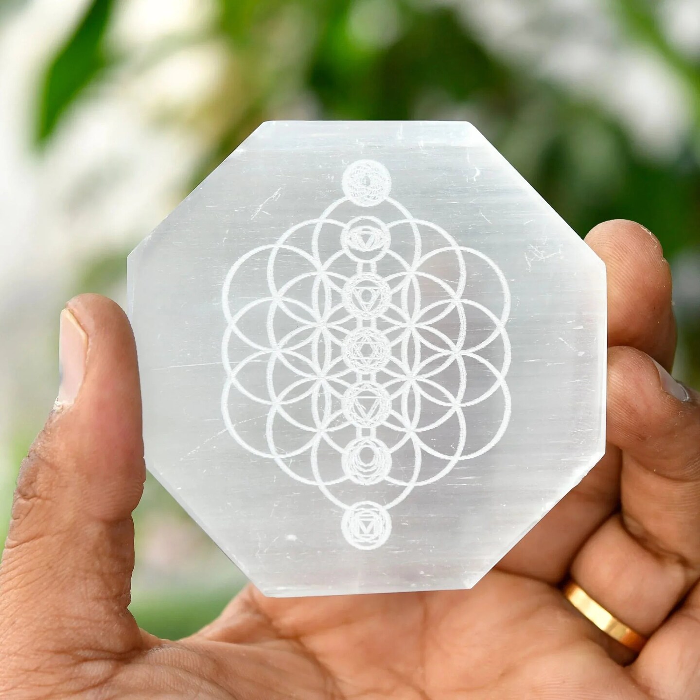Selenite Charging Plate for Crystals and Healing Stones Engraves Flower Of Life Buddha Om Ganesha 7 Chakra Coaster 3" Selenite Crystal Plate for Home Office Table Decor - Round Disc Plate