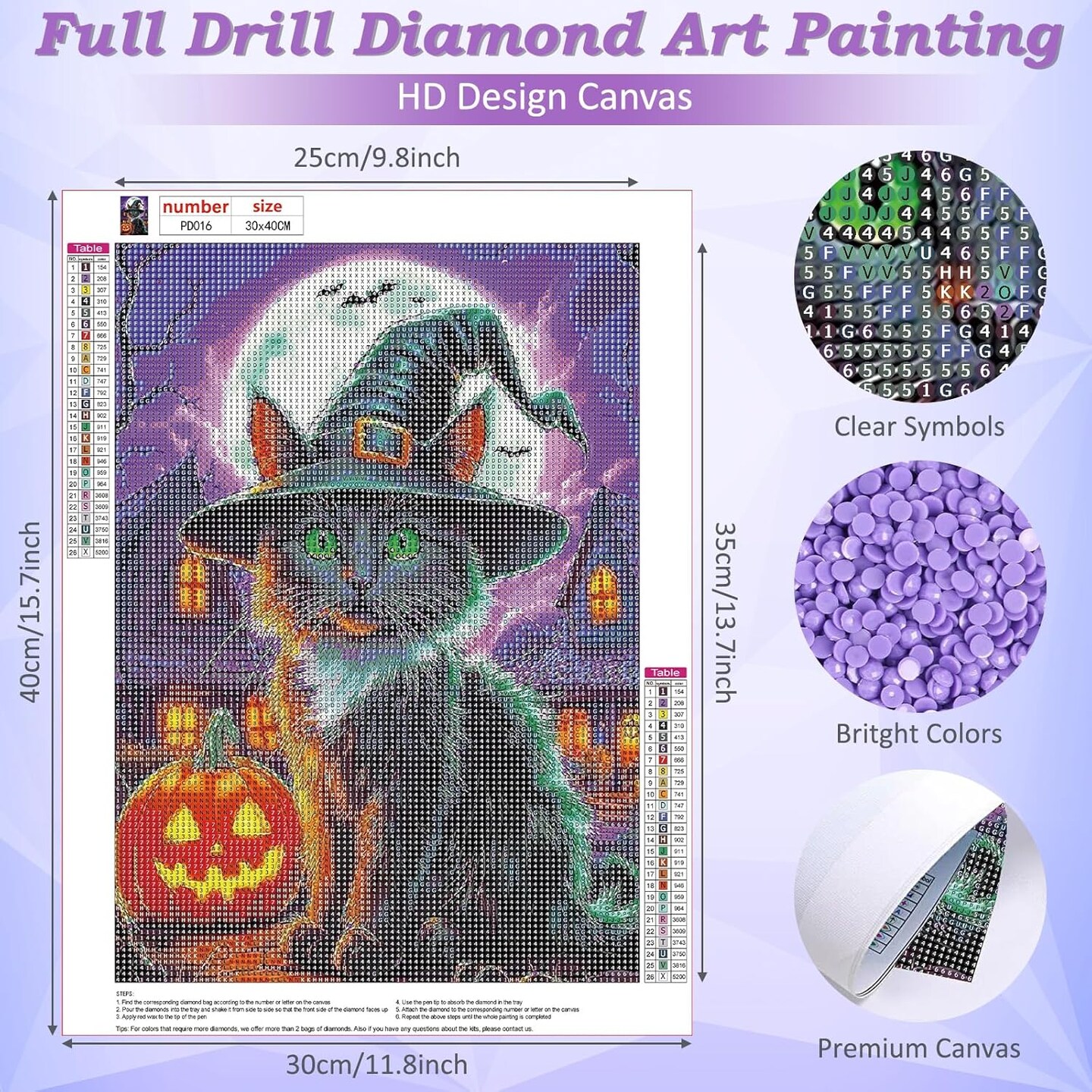 Halloween Black Cat 5D Diamond Painting Kit – Full Round Drill DIY Gem Art for Adults, 12x16 Inch Wall Décor