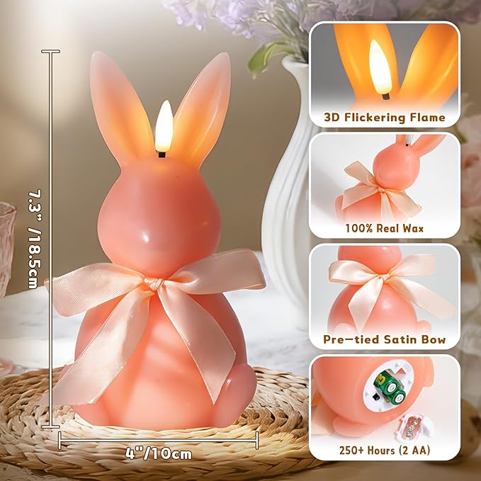 3 Pcs Easter Bunny Flameless Candles, Battery Operated Led Candle Light with Remote, Real Wax Rabbit Shaped Candle Gift Set, 3D Flickering Flame, NO Batteries Included, 7.3"x4"