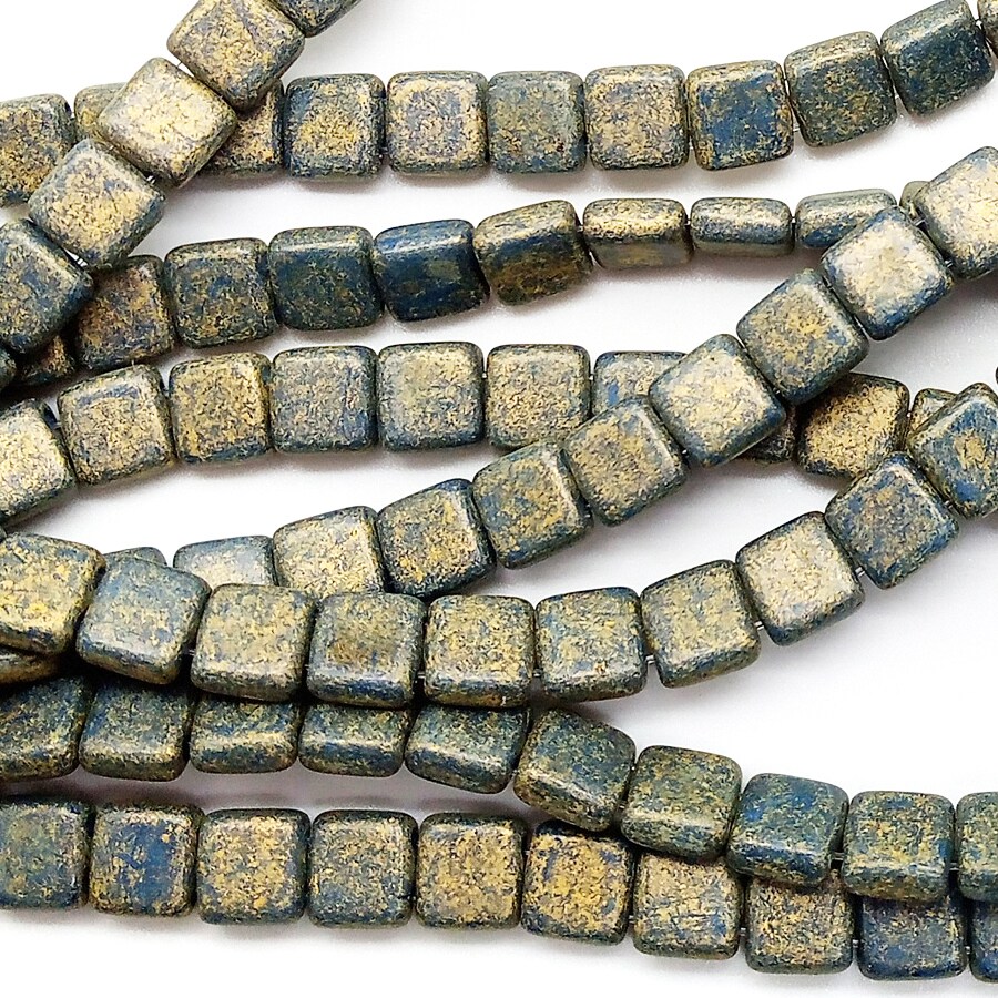 Czechmates Tile Beads, 50-piece Strand, Blue/Gold Coating, Pacificia Poppy Seed, Adorabilities