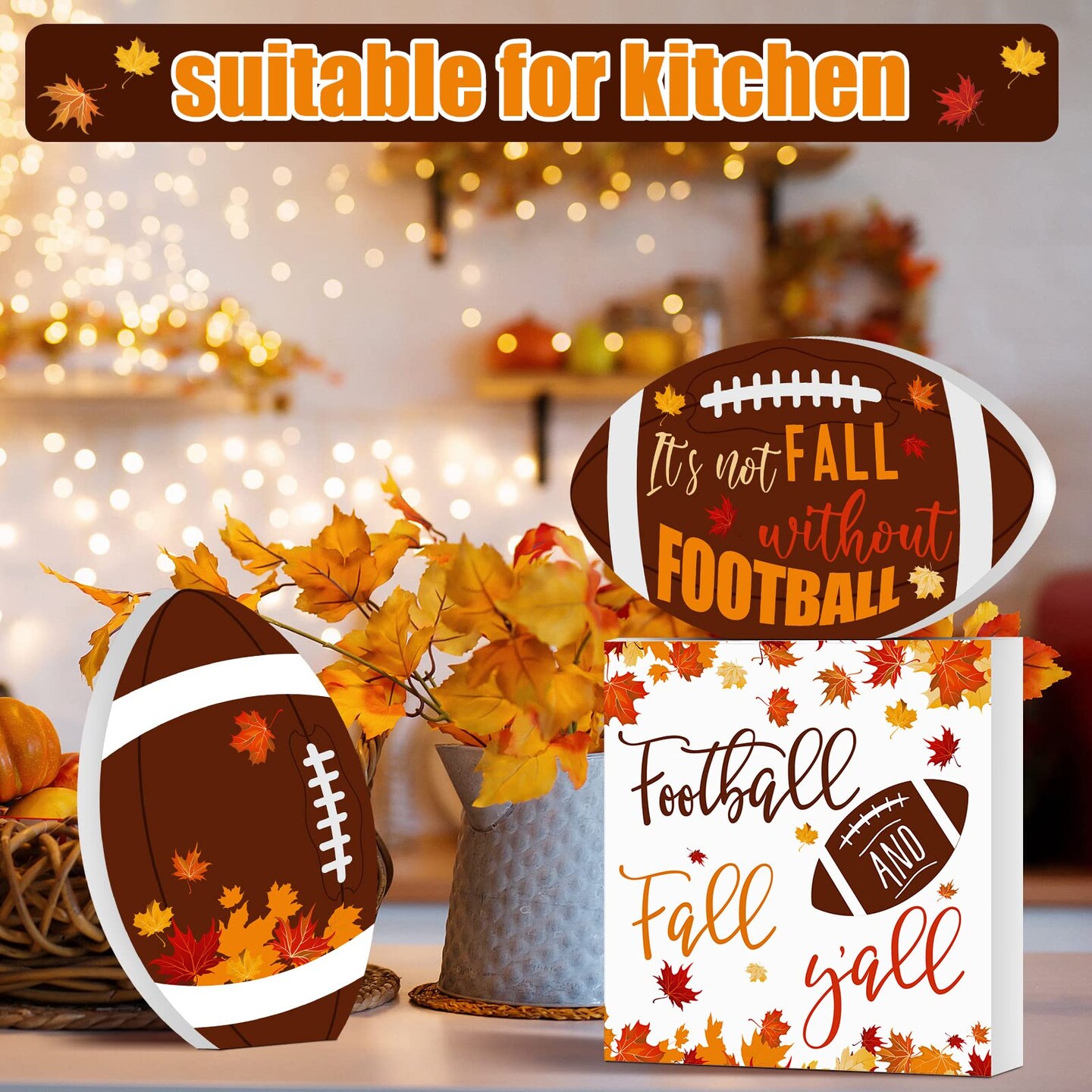 3 Pieces Fall Decor Football Decor Thanksgiving Fall Tiered Tray Decor Orange Maple Wooden Table Centerpieces Farmhouse Rustic Decor Decorative Table Decorations for Autumn Harvest Table Shelf (Classic)