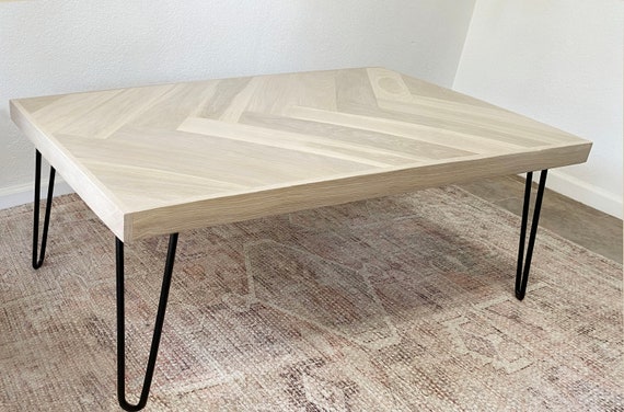 White Oak Herringbone Coffee Table with Hairpin Legs | MakerPlace