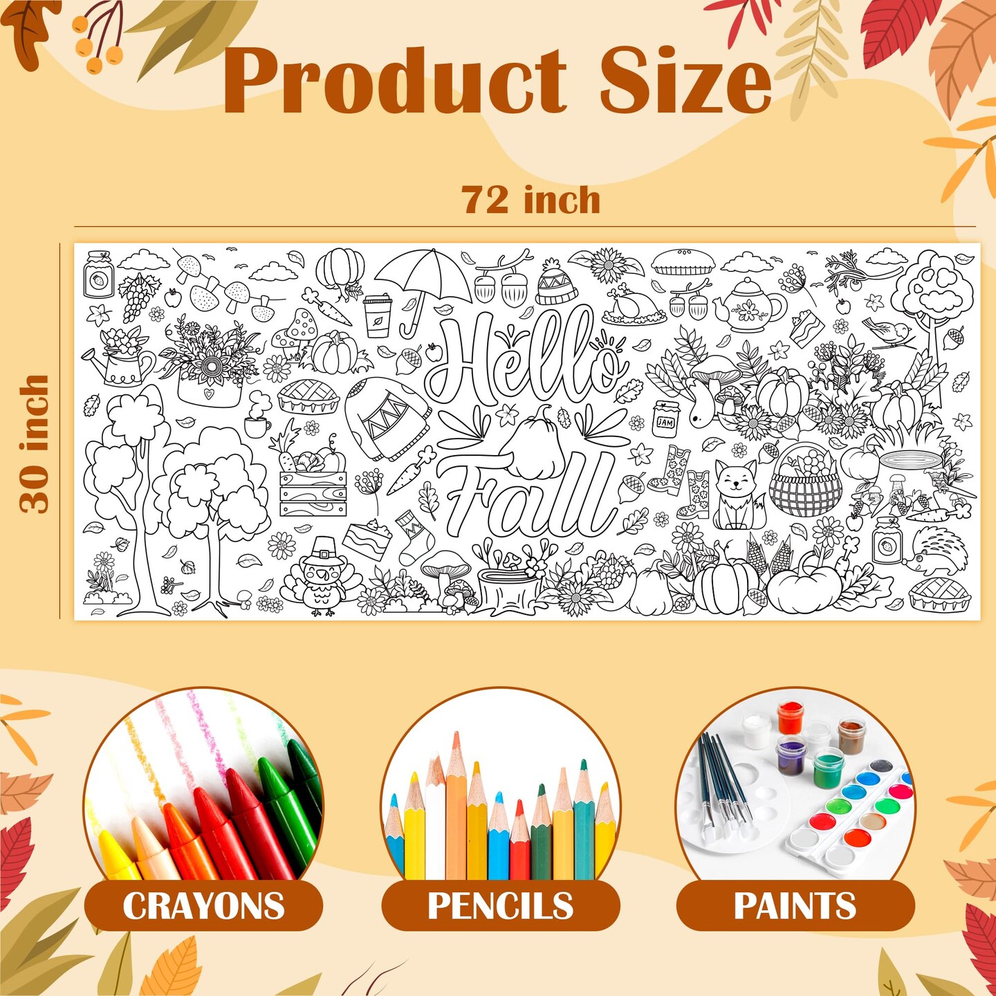 Fall Giant Coloring Poster/Tablecloth - Fall Decorations for Home - 30 x 72 Inches Jumbo Coloring Banner Kids Crafts Activities Decor Party Decorations