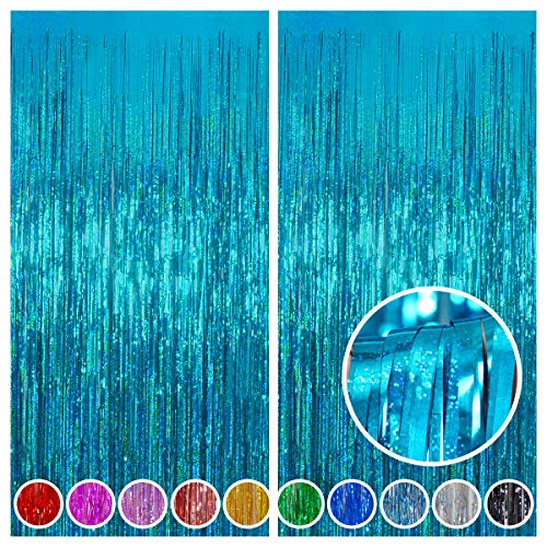 2 Pack 3.2 ft x 8.2 ft Teal Tinsel Foil Fringe Curtains Backdrop, Sparkle Metallic Foil Curtains for Birthday Party Decoration