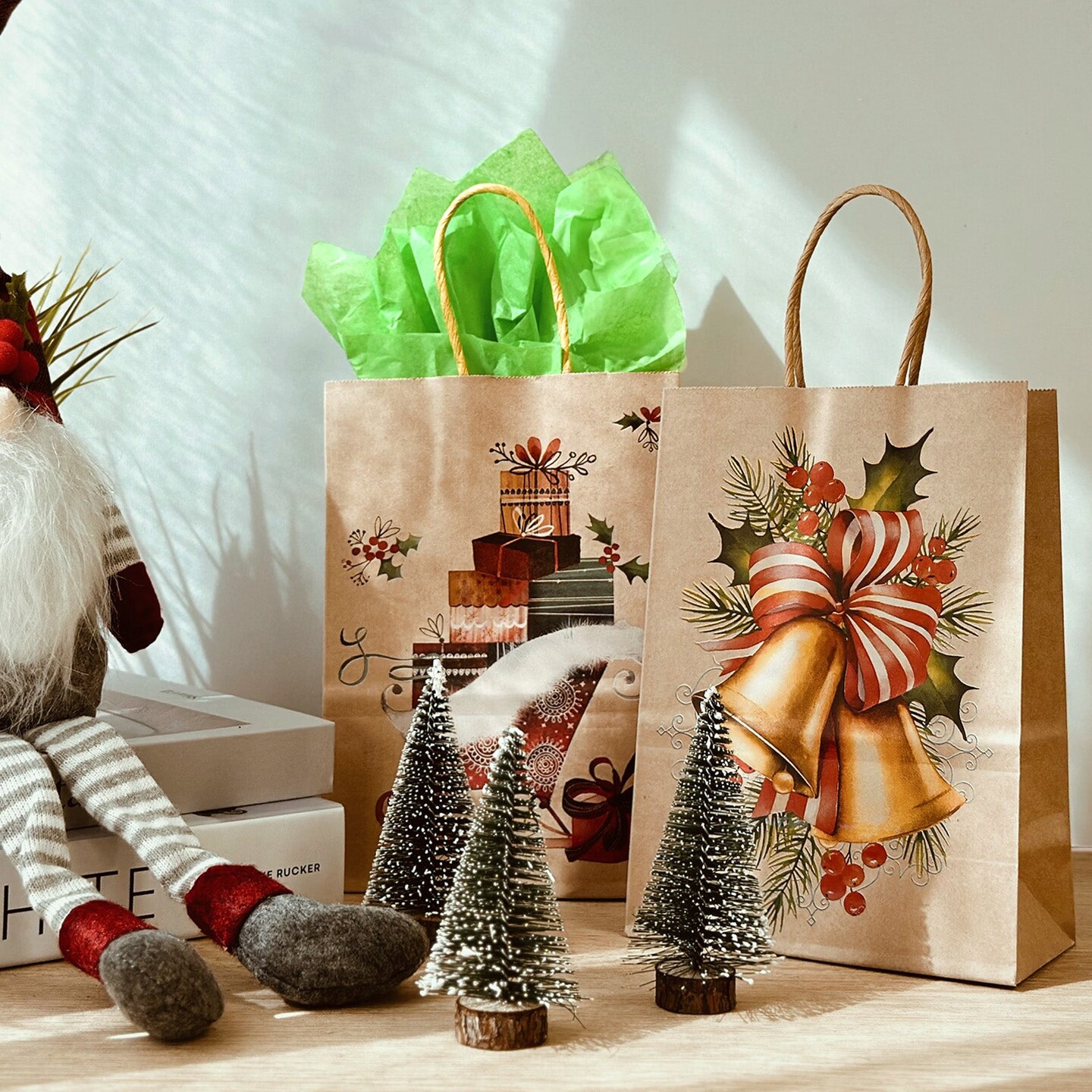 Wrapables Christmas Holiday Kraft Gift Bags with Handles and Tissue Paper for Gift Wrap, Parties, Favors and Treats (Set of 12), Christmas Time