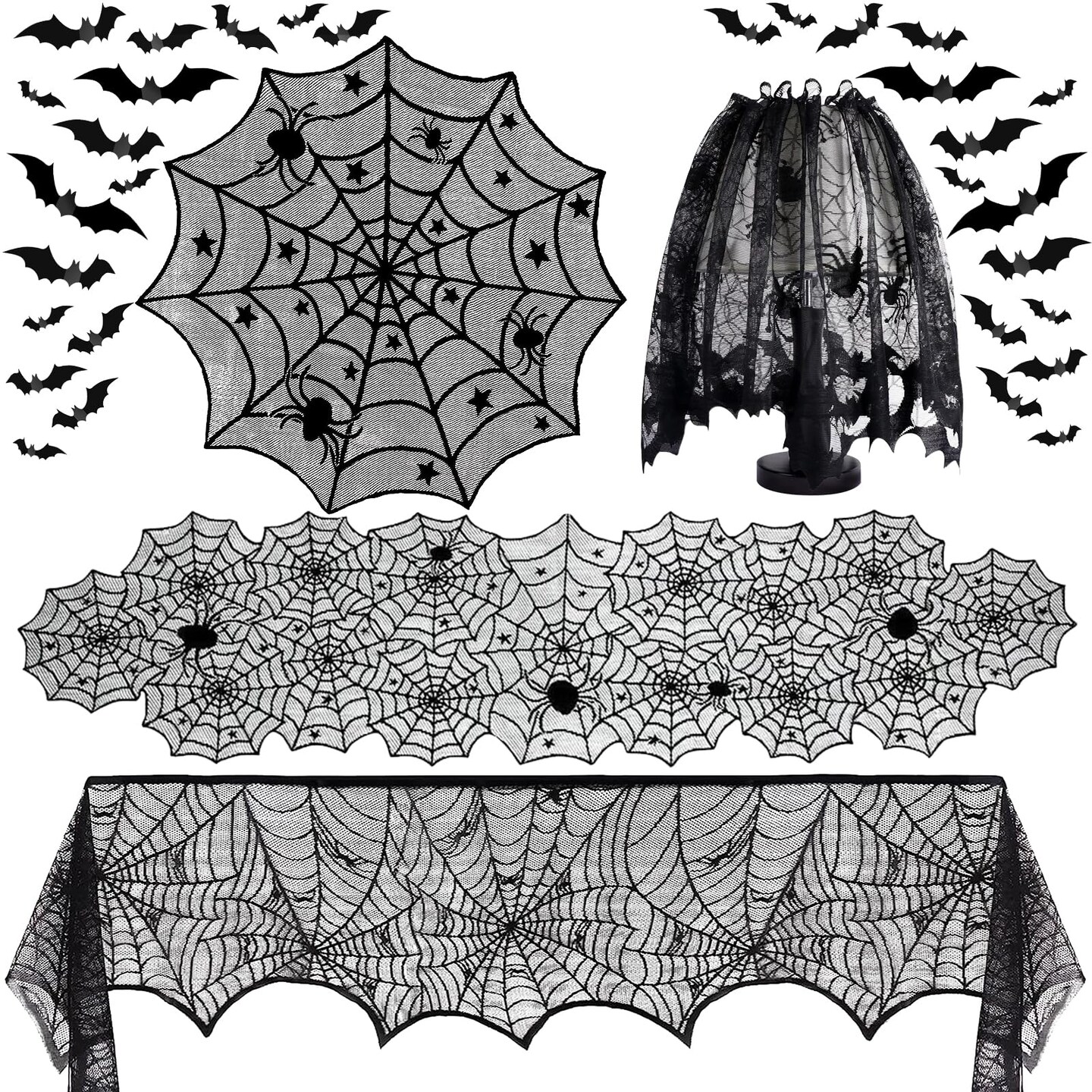 5 Pieces Halloween Decorations Indoor Halloween Decor Black Lace Table Runner Fireplace Mantel Scarf Round Tablecloth Cobweb Lampshade with 32 Pcs 3D Bat Wall Stickers