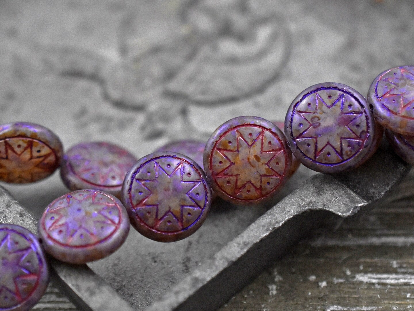 *6* 13mm Red Washed Matte Purple Over White Opal Ishtar Coin Beads