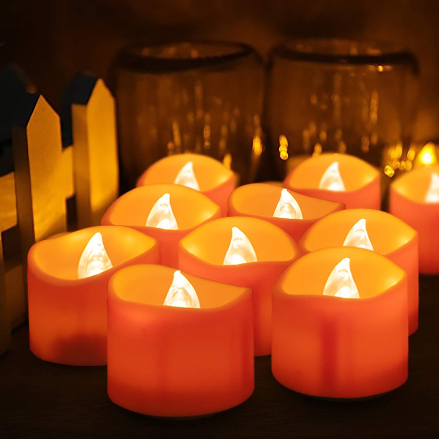 12 Pieces HalloweenOrange Tea Light Candles, Battery Operated LED Tealights, Small Pumpkins Lights, Flameless, Electric Fake Tea Candles, 1.4&#x22;x1.25&#x22;