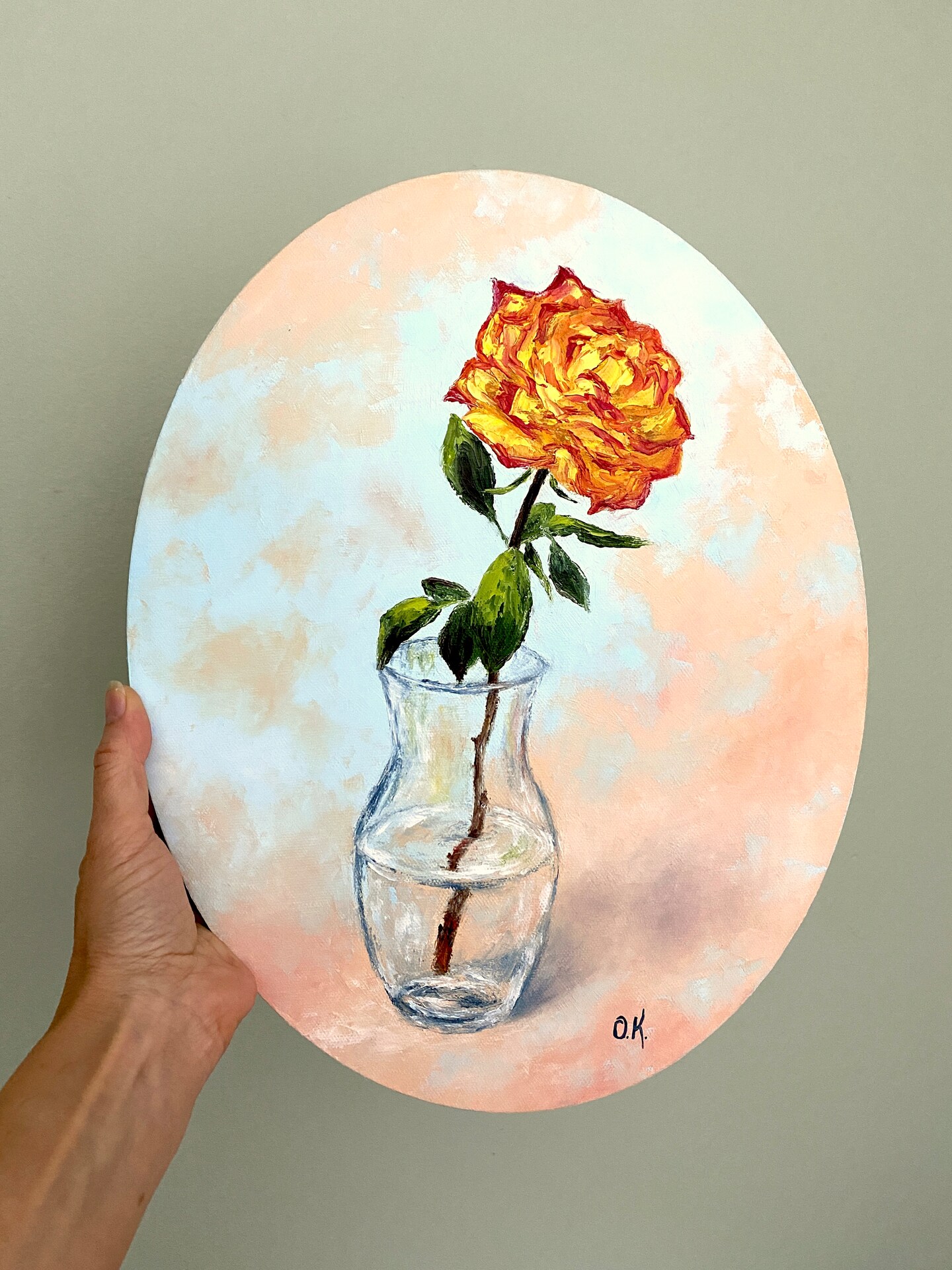 Yellow Red Rose Painting Original Flower Artwork Small Rose