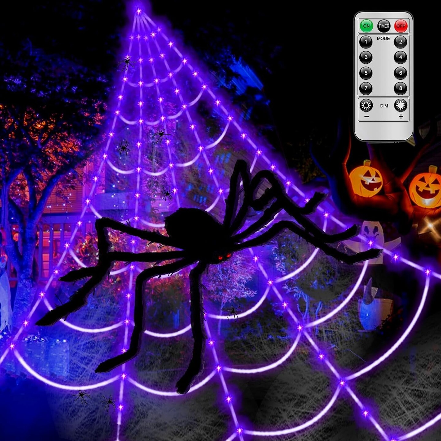 Spider Webs Halloween Decorations Lights - 250 Leds 16.4Ft Outdoor Battery Operated String Purple Halloween Lights with 8 Modes Remote Control Spiderweb,60&#x22; Large Spider,Waterproof (Purple)
