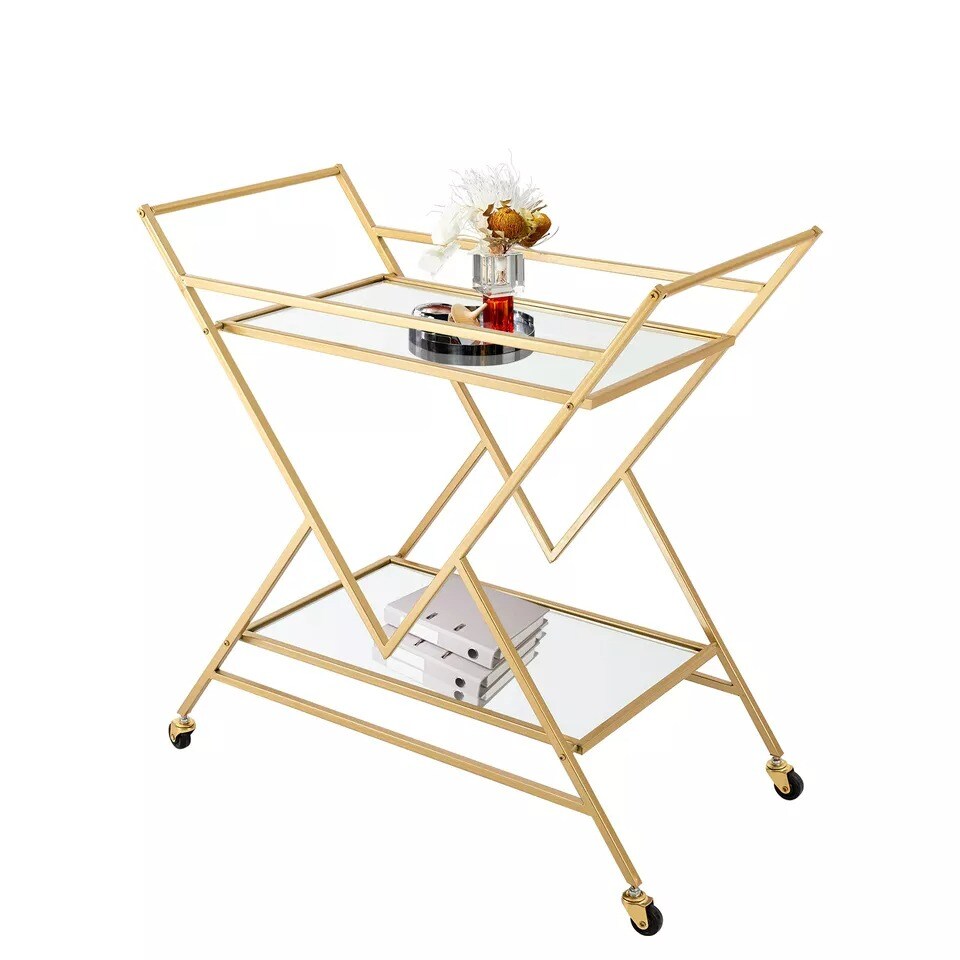Gold Metal Bar Cart Serving Cart with Wheels 2-Tier Storage Trolley Home Kitchen