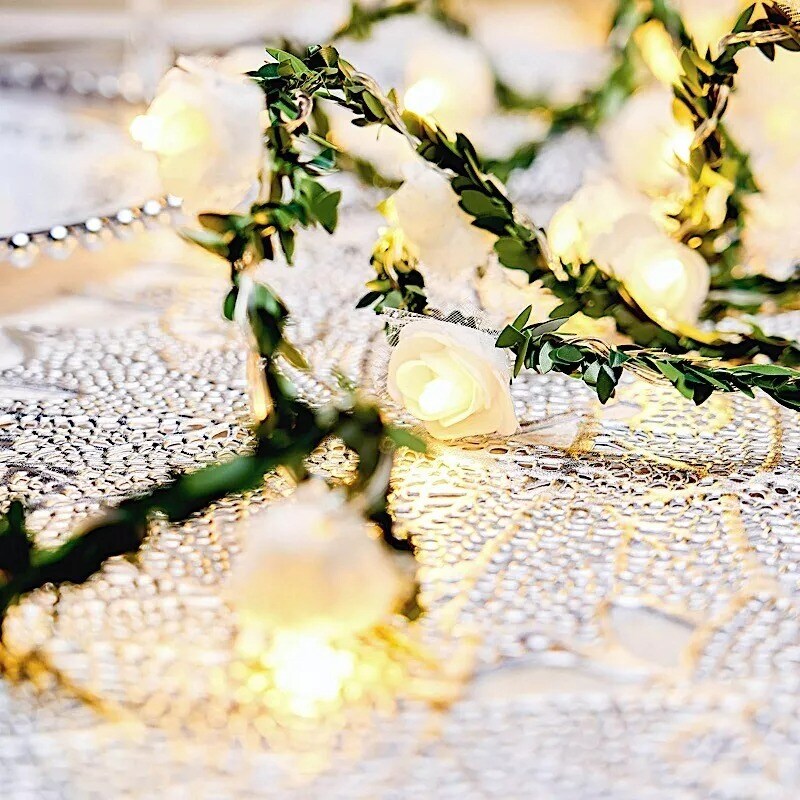 9 feet White Roses Greenery Lace LED GARLAND Battery Operated Fairy Lights Party