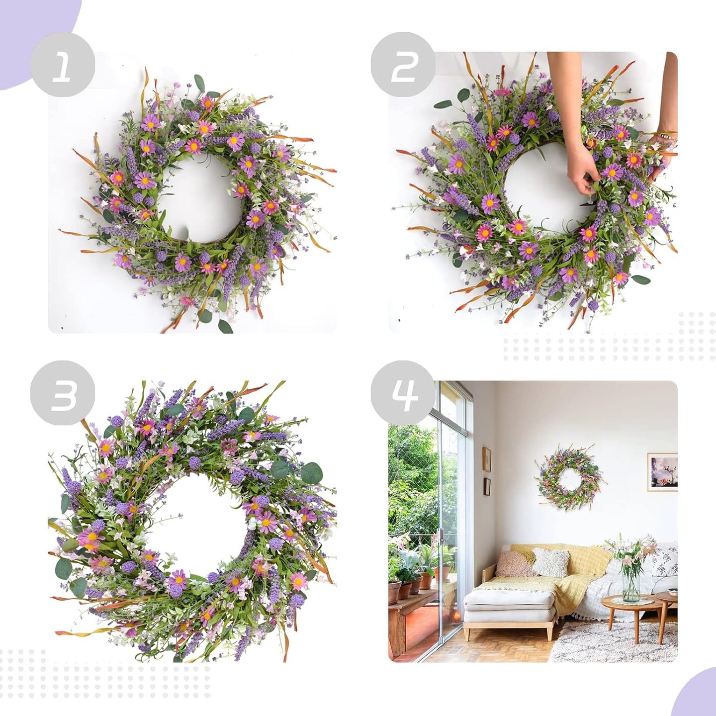 Flower Wreath for Front Door, Mixed Green Leaves and Flower Wreath for Indoor and Outdoor Use, Everyday Flower Wreath for Home Decor