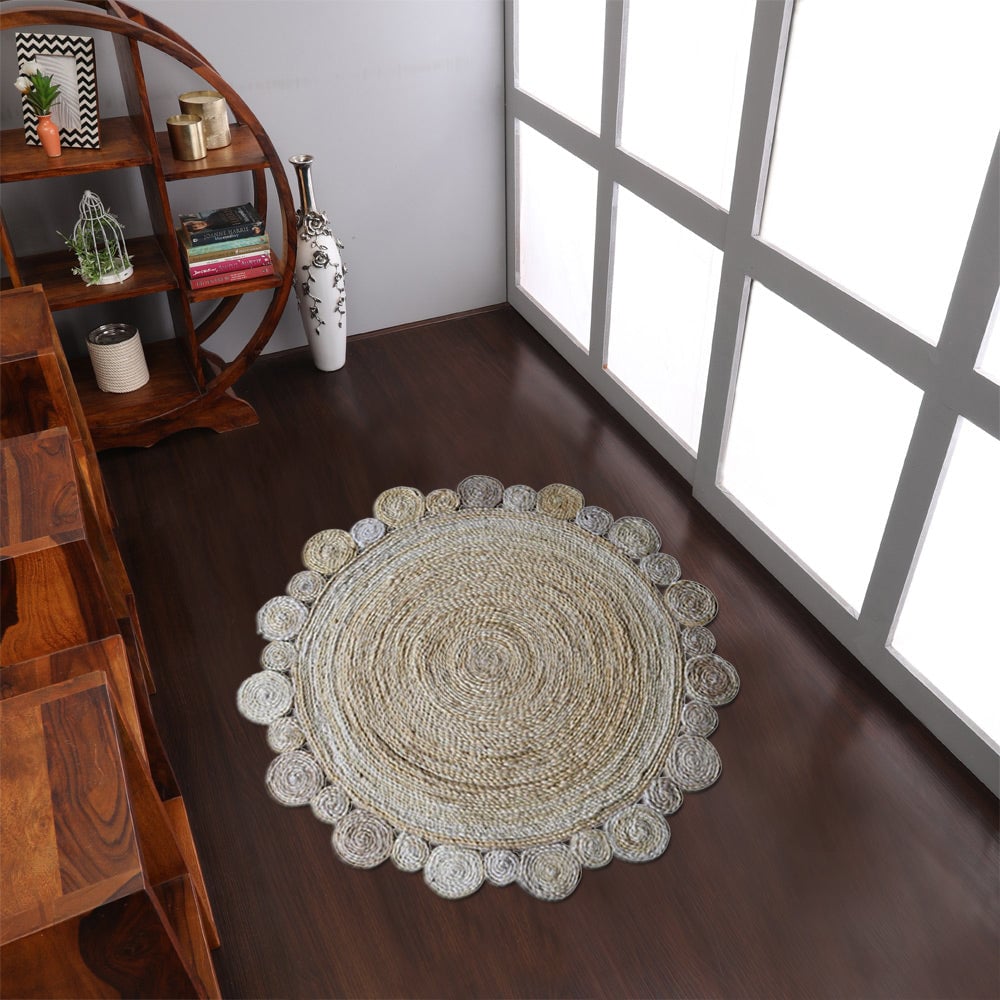 Rugsotic Hand Woven Jute Round Area Rug Eco-Friendly Cream Oriental J00001