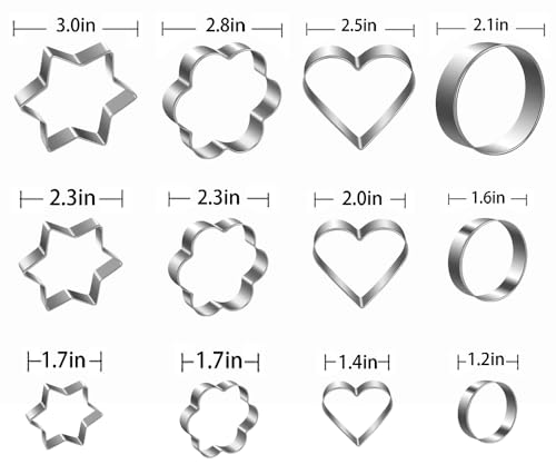 12 Pieces Metal Cookie Cutters Set - Star Cookie Cutter Round Biscuit Cutter Heart Small Star Cookie Cutters Mini Flower Molds Cutter for Baking (12 Round Heart Flower Star Cookie Cutters)