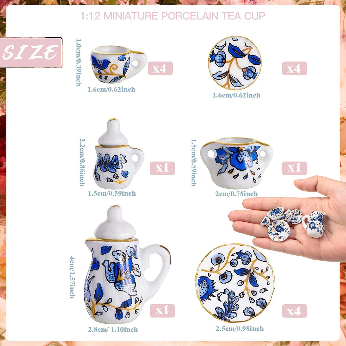 2 Set 1:12 Dollhouse Miniature Porcelain Tea Cup 30 Pieces Mini Flowers Pattern with Golden Trim Teapot Cup Plate Dollhouse Kitchen Accessories (Charming Style)