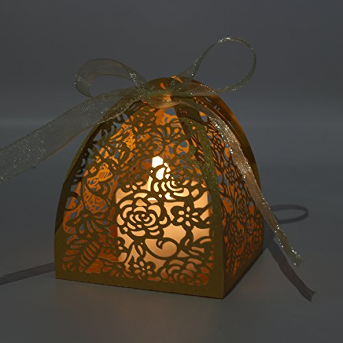 70 Pieces Laser Cut Rose Candy Boxes, Favor Boxes 2.5&#x22;x 2.5&#x22;x 3.1&#x22;, Gift Boxes for Bridal Shower Anniverary Birthday Party Wedding Favor (Gold)