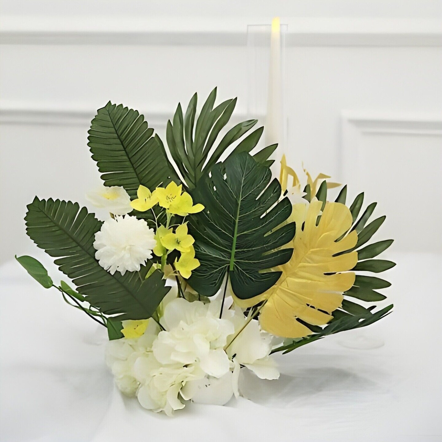 28 Green Gold Assorted SILK LEAVES Artificial Palm Tropical Monstera Stems Party