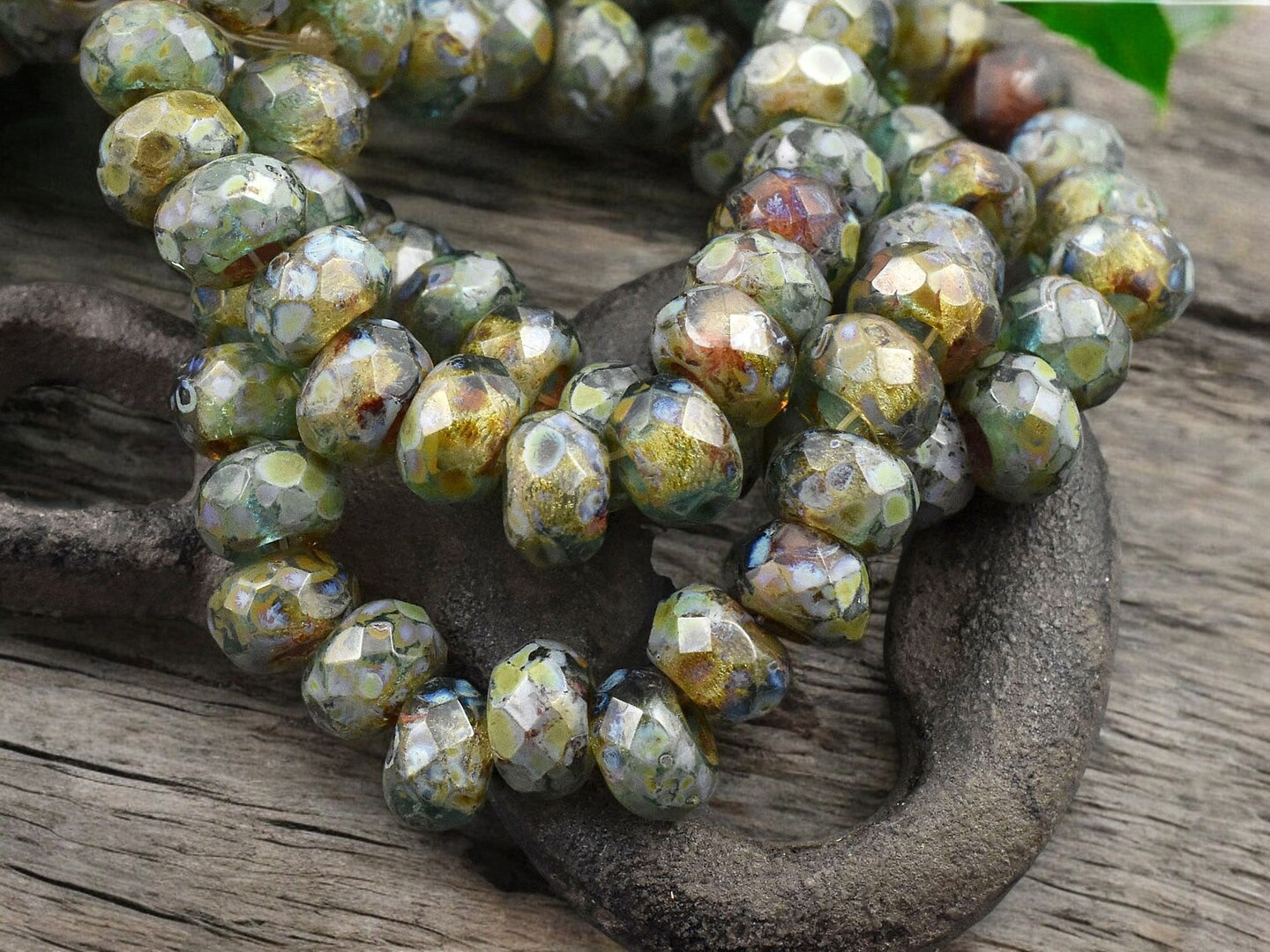 *25* 5x8mm Green Tea Topaz Picasso Roller Rondelle Beads