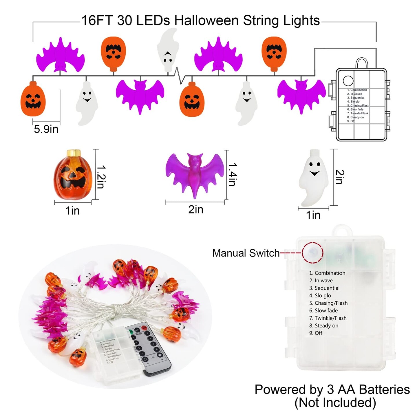 16 ft Halloween Lights,  30 LED Waterproof 3D Pumpkin Bat Ghost Battery Operated String Lights with Timer - 8 Lighting Modes Fairy Light for Window Indoor Outdoor Decor Halloween Party Decorations