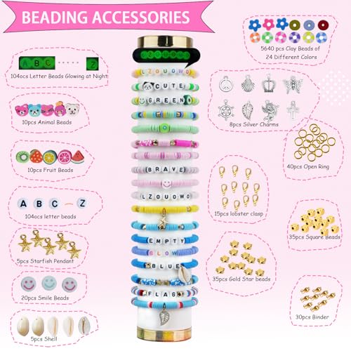 6100 Pieces Polymer Clay Beads for Bracelets Making Aesthetic Kit 24 Colors Flat Heishi Beads for Jewelry Making DIY Set with Letter Beads, Smile Face Beads and Charms for Girls Gift