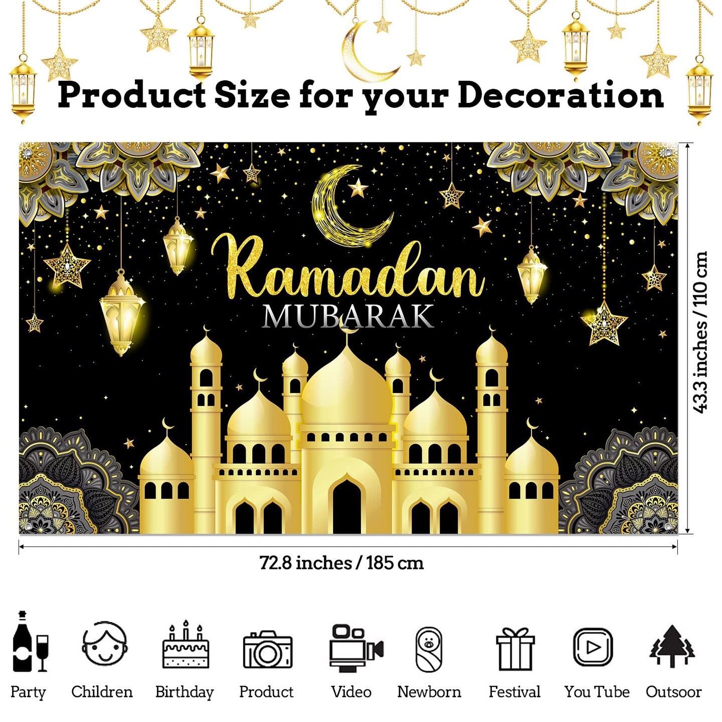 Backdrop Banner Muslim Kareem Background Eid Sign Photo Booth for Home Al Fitr Party Supplies (Black)