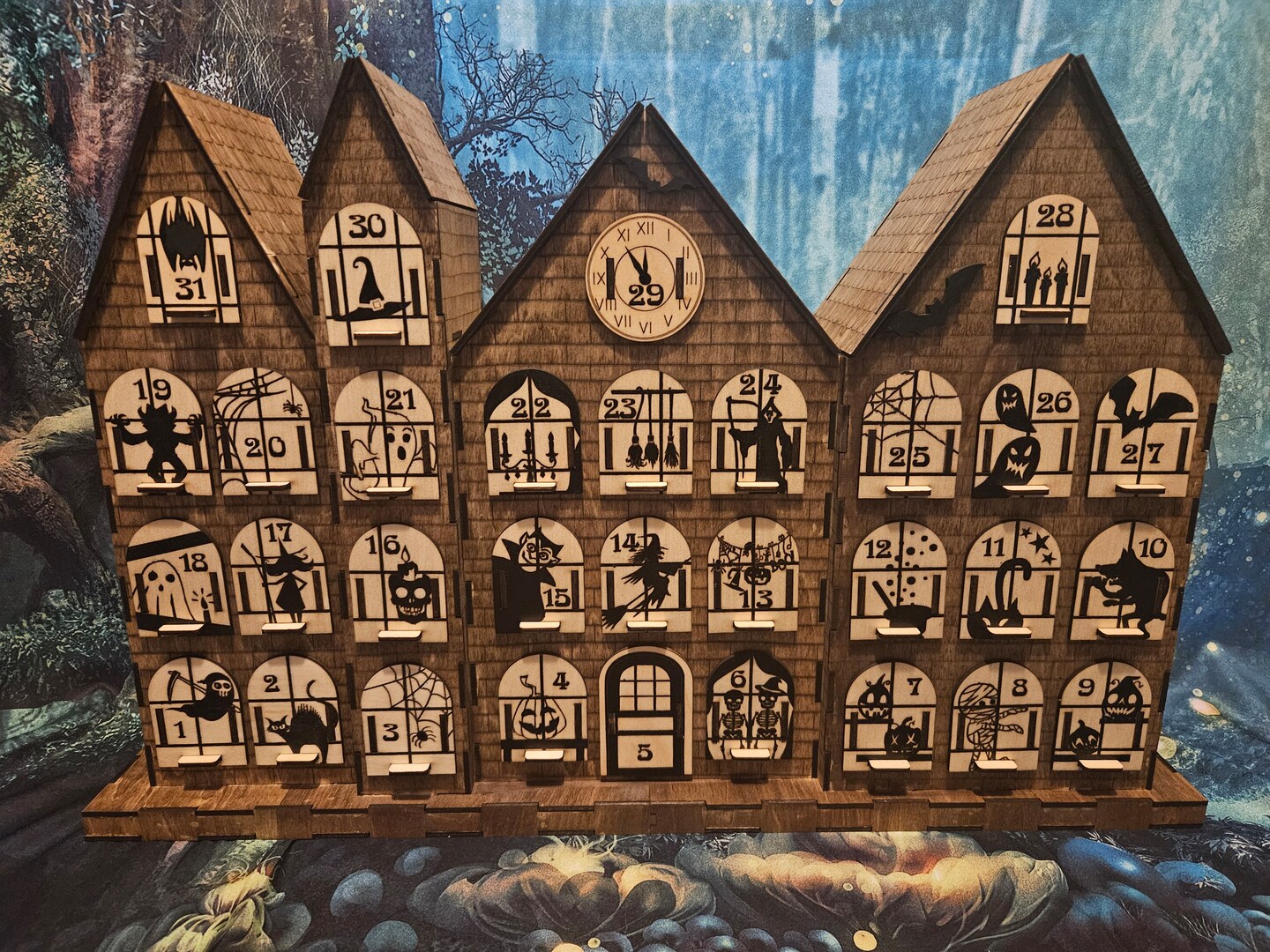 Wood Halloween countdown advent style calendar with drawers to put treats in for each day in October