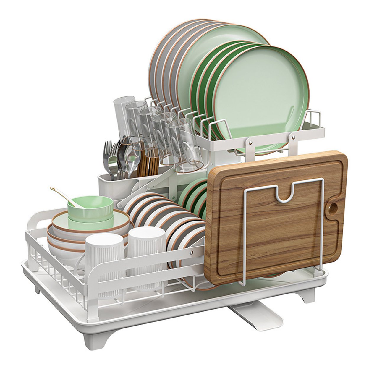 2-Tier Metal Dish Drying Rack With Drain Board 360-Degree Rotatable Anti-Rust Coating No Installation Needed Kitchen