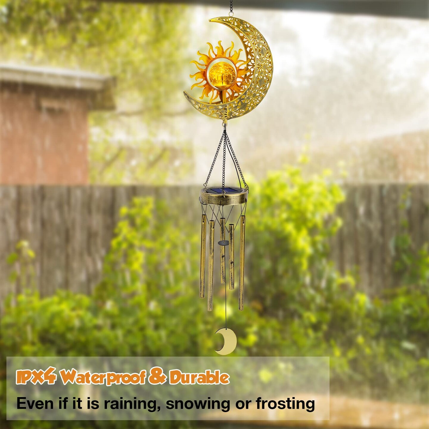 1 Pack Sun Moon Solar Wind Chimes for Outside Crackle Glass Ball Waterproof Wind Chimes Outdoor Clearance Deep Tone Garden Decor Birthday Unique Gifts for Women Mom Grandma Windchimes Gardening