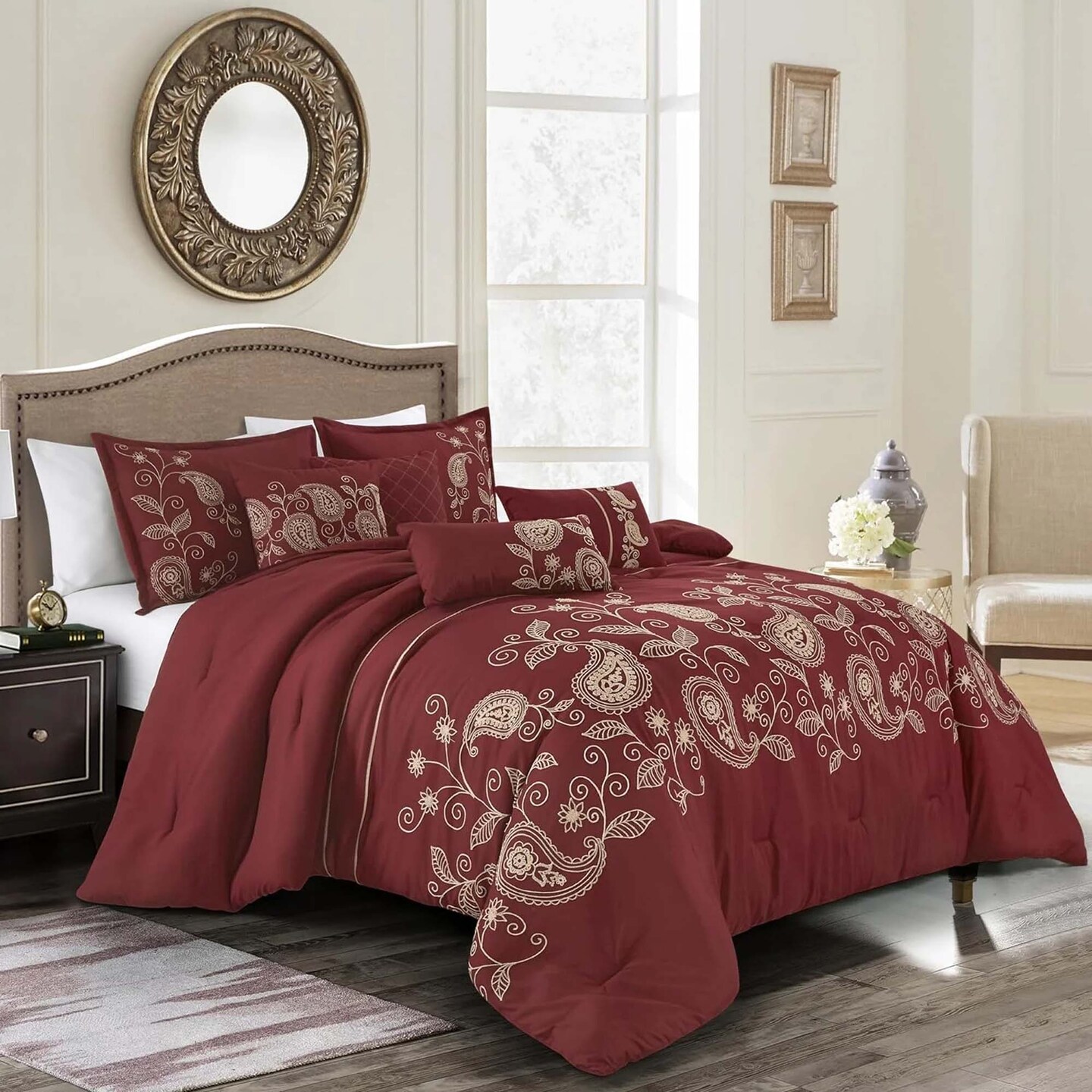 Paisley Embroidery 7 Pieces Burgundy Comforter Set